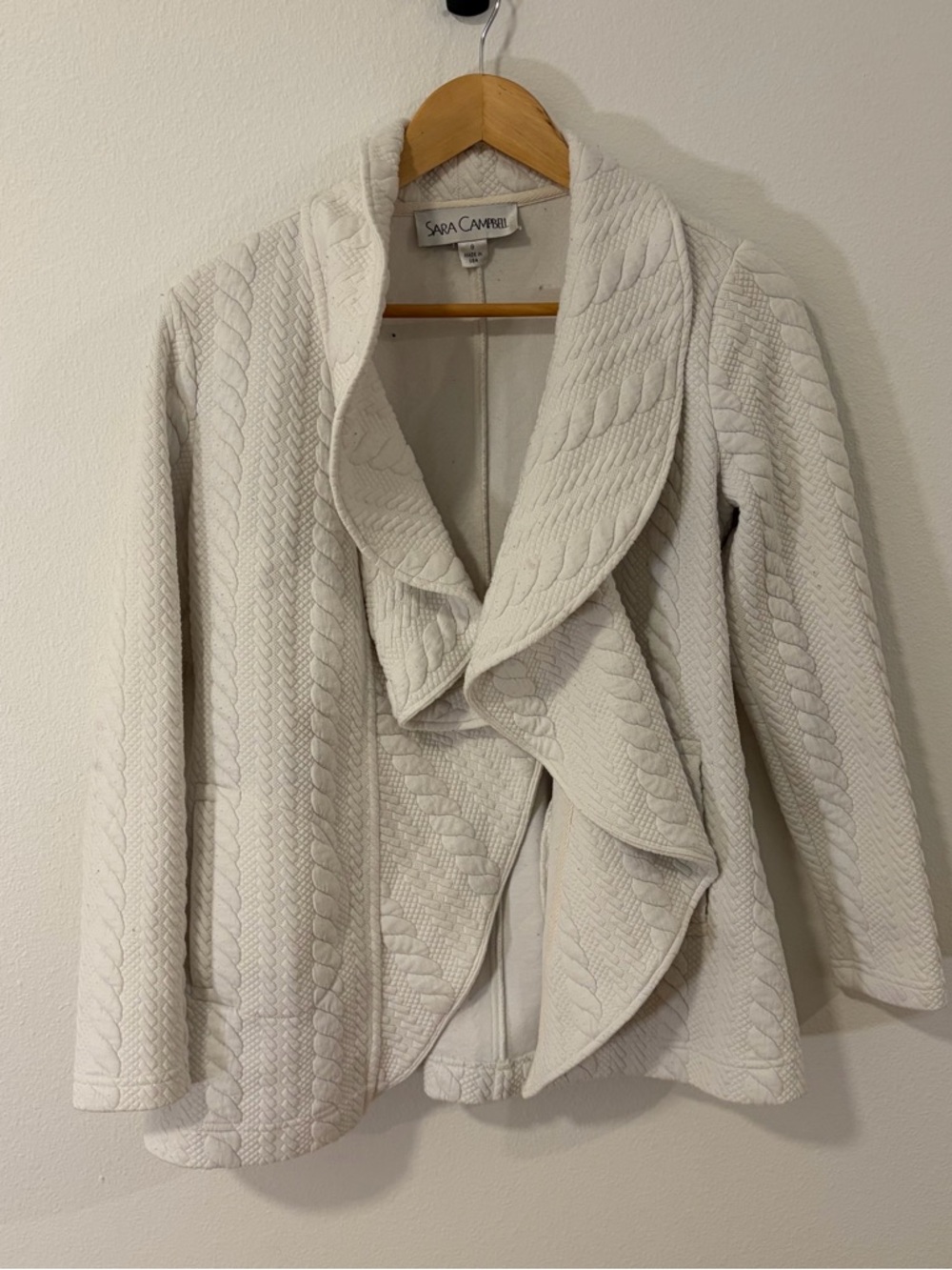 Vintage Sara Campbell Ivory Cable Knit Waterfall Cardigan